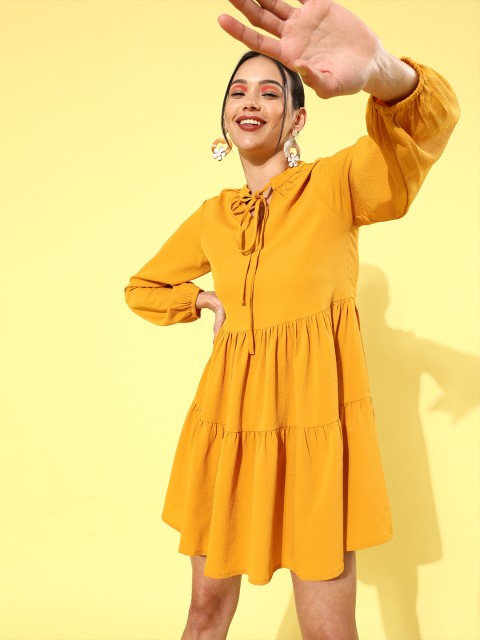 

The Vanca Mustard Yellow Tie-Up Neck A-Line Tiered Dress