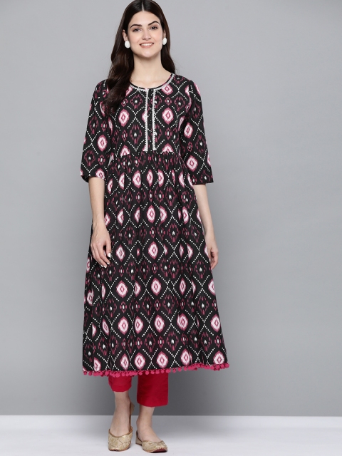

HERE&NOW Women Black & Pink Geometric Printed Kurta