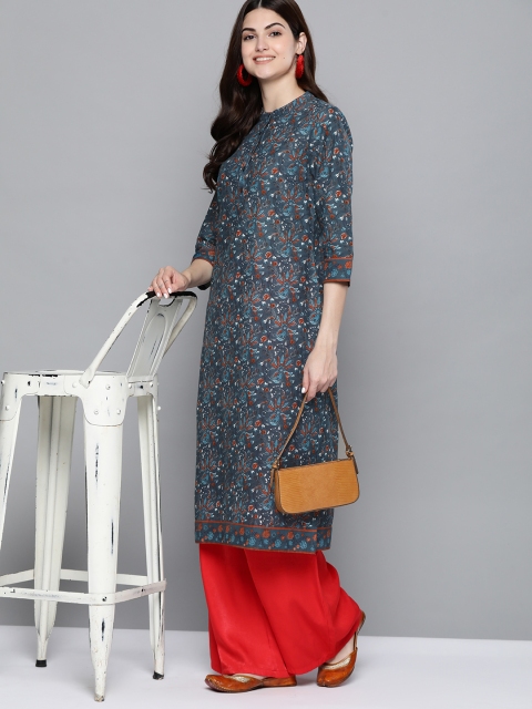 

HERE&NOW Women Blue & Red Floral Print Pure Cotton Kurta, Grey