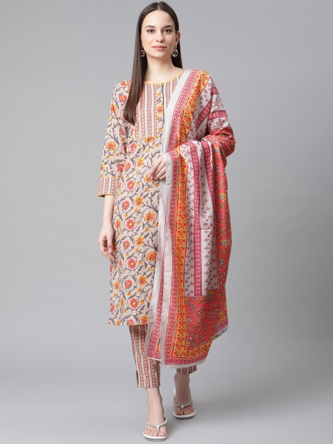 

Jompers Women Grey Floral Printed Regular Straight Pure Cotton Kurta Set & Dupatta
