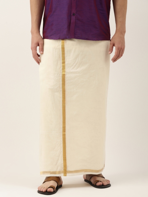 

THANGAMAGAN Men Off-White Solid Pure Cotton Dhoti with Fancy Border