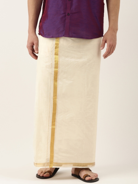 

THANGAMAGAN Men Off-White Solid Dhoti With Golden Border