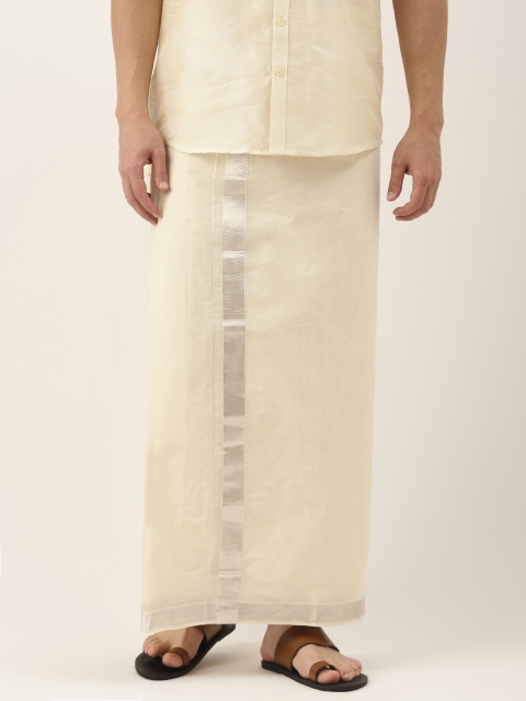 

Thangamagan Off-White & Silver-Toned Solid Cotton Zari Border Dhoti With Stripe Detail