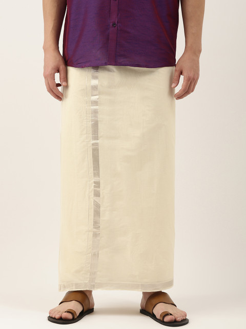 

Thangamagan Men Off White Cotton Zari Border Ethnic Dhoti