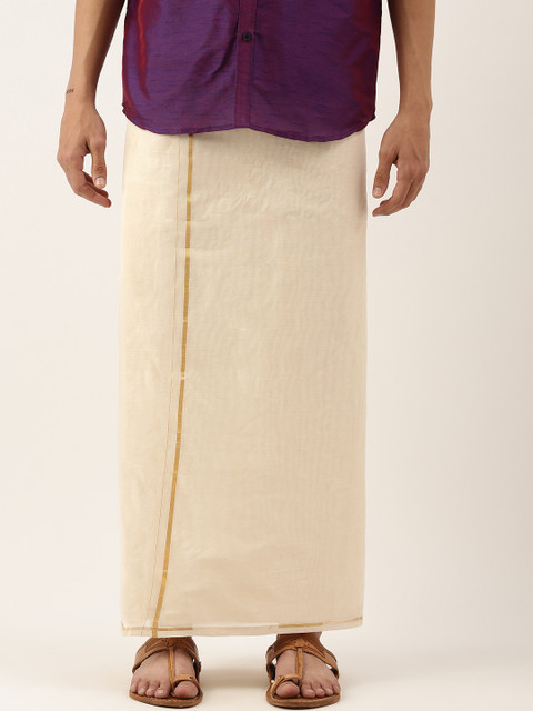 

THANGAMAGAN Men Off White Solid Cotton Dhoti with Zari Border