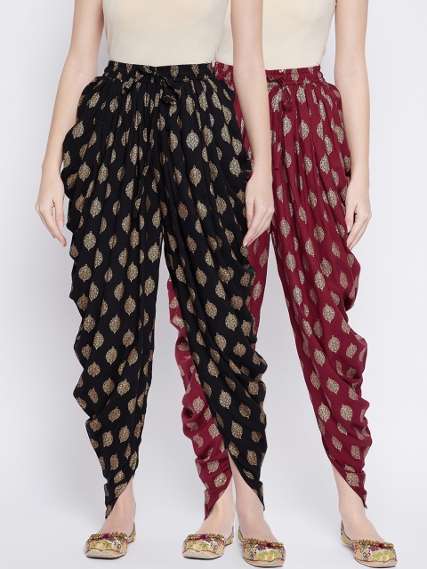 

TULIP 21 Women Pack of 2 Maroon and Black Block Printed Dhoti Pants