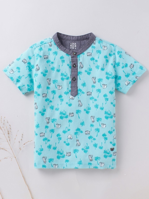 

Ed-a-Mamma Boys Turquoise Blue Printed Henley Neck Tropical T-shirt