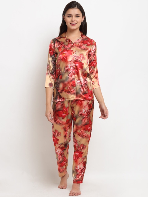 

Claura Women Gold & Red Floral Printed Satin Night Suit