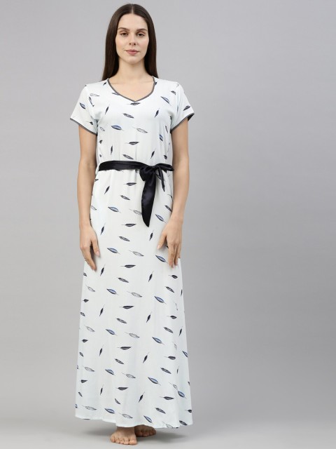 

GOLDSTROMS Women White & Blue Printed Maxi Nightdress With Robe