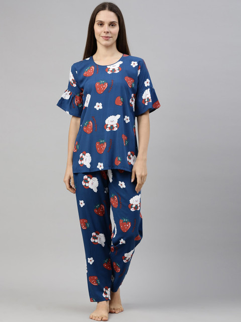

GOLDSTROMS Women Blue & White Printed Night suit