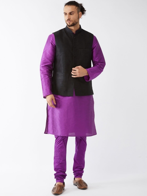 

VASTRAMAY Men Purple Layered Kurta with Churidar & Nehru Jacket