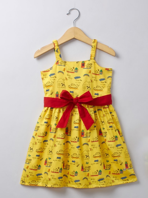 

Ed-a-Mamma Girls Yellow & Red Printed Fit & Flare Sustainable Dress with Tie-Up