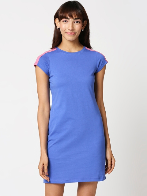 

Bewakoof Blue Shoulder Cut N Sew Cap Sleeves Sheath Dress