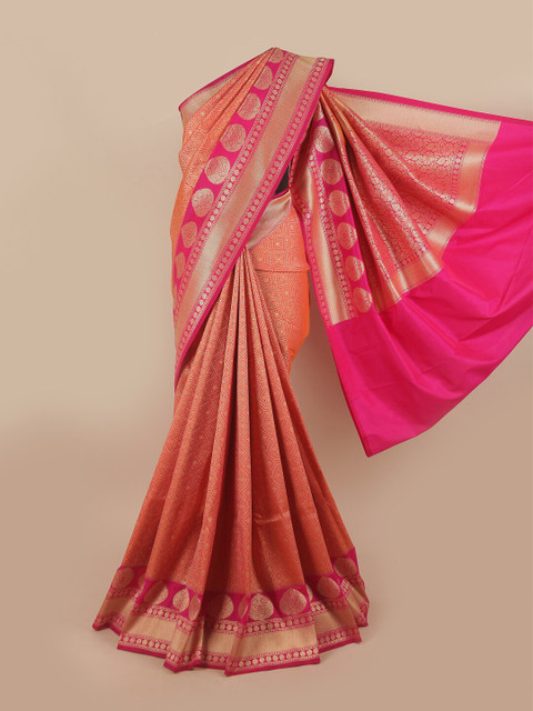 

Pothys Peach-Coloured & Gold-Toned Ethnic Motifs Zari Pure Silk Banarasi Saree