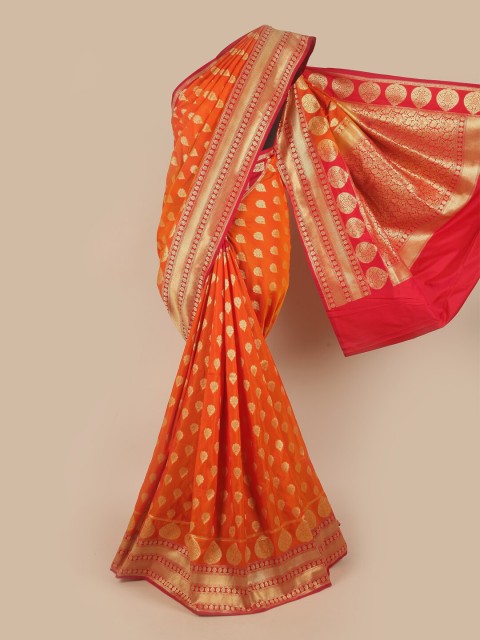 

Pothys Orange & Gold-Toned Floral Zari Pure Silk Banarasi Saree