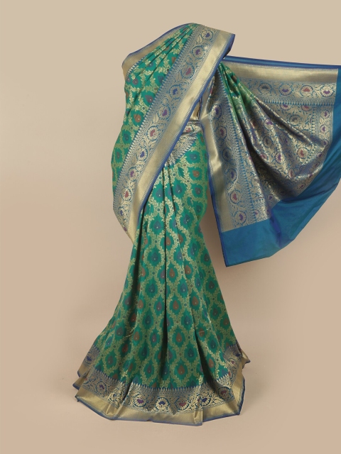 

Pothys Green & Gold-Toned Ethnic Motifs Zari Pure Silk Banarasi Saree