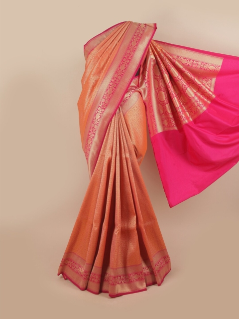 

Pothys Peach-Coloured & Gold-Toned Floral Zari Pure Silk Banarasi Saree