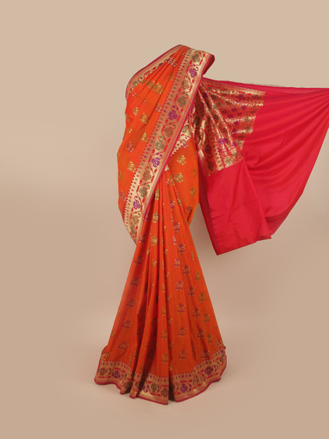 

Pothys Orange & Gold-Toned Floral Zari Pure Silk Banarasi Saree