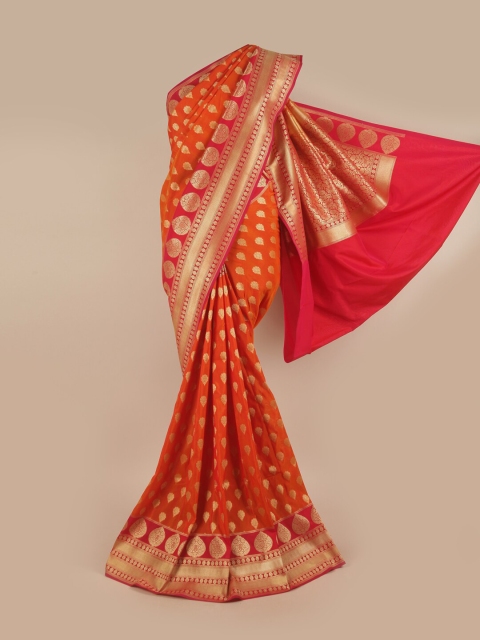 

Pothys Orange & Gold-Toned Floral Zari Pure Silk Banarasi Saree