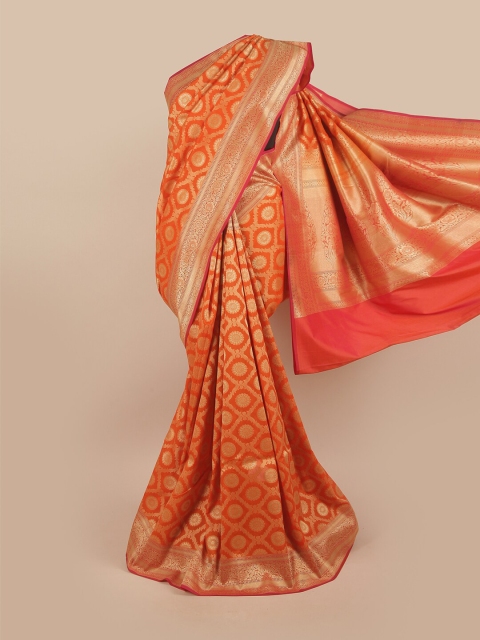 

Pothys Orange & Gold-Toned Floral Zari Pure Silk Banarasi Saree