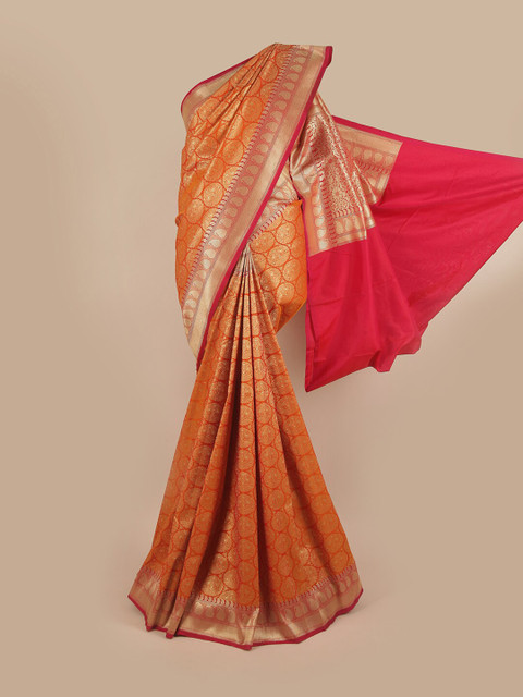 

Pothys Orange & Gold-Toned Floral Zari Pure Silk Banarasi Saree