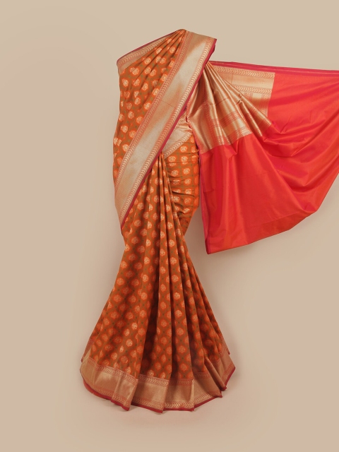 

Pothys Orange & Gold-Toned Floral Zari Pure Silk Banarasi Saree