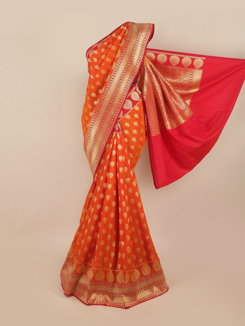 

Pothys Orange & Gold-Toned Floral Zari Pure Silk Banarasi Saree