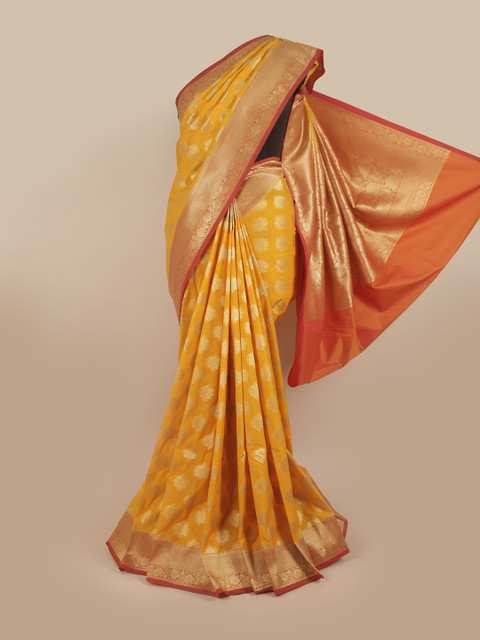 

Pothys Yellow & Gold-Toned Ethnic Motifs Zari Pure Silk Banarasi Saree