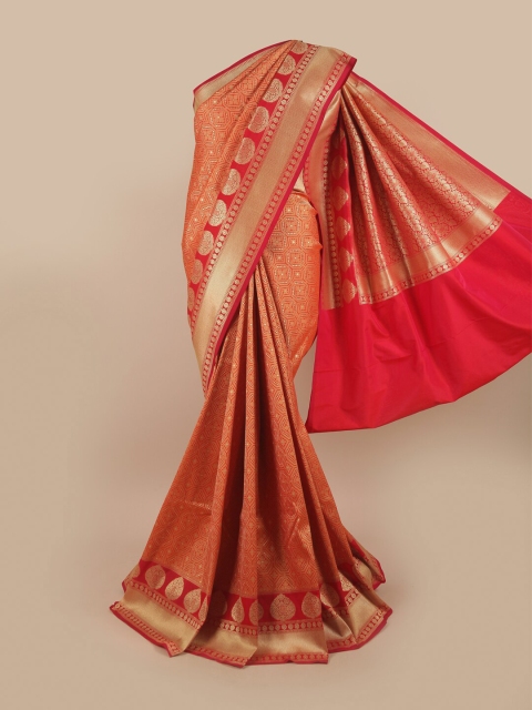 

Pothys Orange & Gold-Toned Floral Zari Pure Silk Banarasi Saree