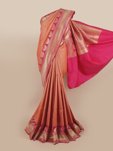 

Pothys Peach-Coloured & Gold-Toned Floral Zari Pure Silk Banarasi Saree