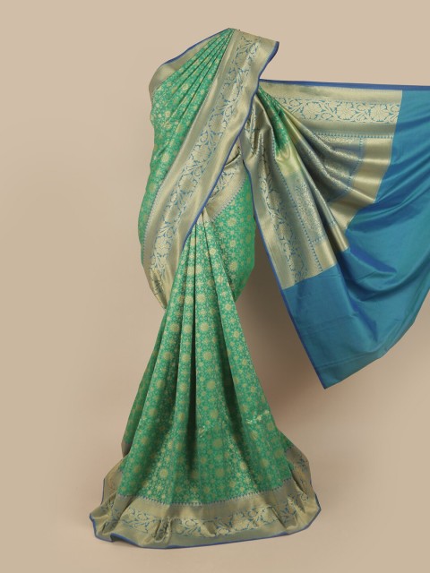 

Pothys Green & Gold-Toned Floral Zari Pure Silk Banarasi Saree