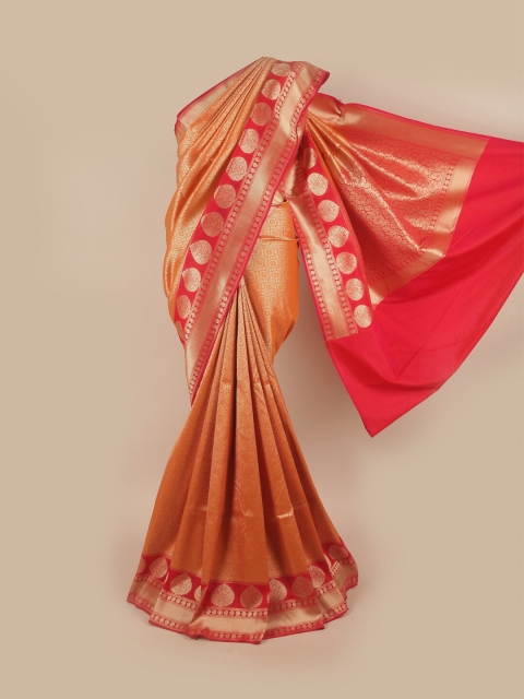 

Pothys Orange & Gold-Toned Floral Zari Pure Silk Banarasi Saree