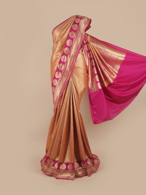 

Pothys Gold-Toned & Magenta Ethnic Motifs Pure Silk Banarasi Saree