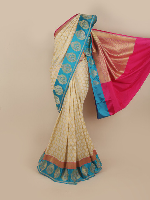 

Pothys Cream-Coloured & Pink Ethnic Motifs Zari Pure Silk Banarasi Saree
