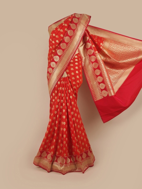 

Pothys Red & Gold-Toned Ethnic Motifs Pure Silk Banarasi Saree