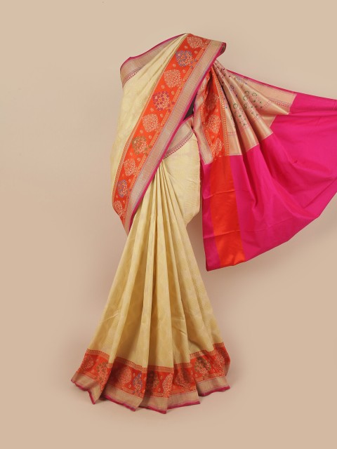 

Pothys Cream-Coloured & Pink Pure Silk Banarasi Saree