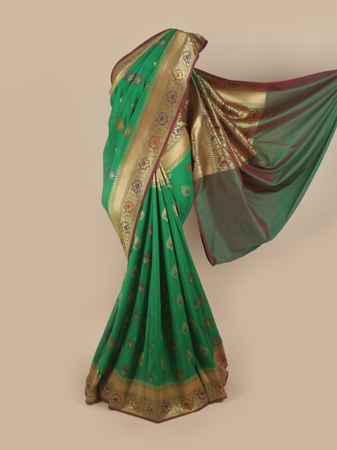 

Pothys Green & Gold-Toned Ethnic Motifs Pure Silk Banarasi Saree