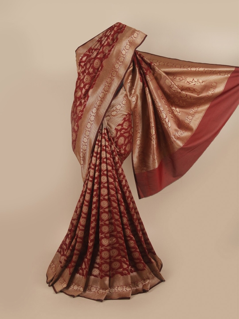 

Pothys Maroon & Gold-Toned Ethnic Motifs Pure Silk Banarasi Saree