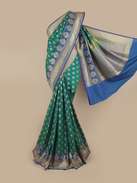 

Pothys Green & Silver-Toned Ethnic Motifs Pure Silk Banarasi Saree