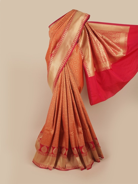 

Pothys Mustard & Pink Ethnic Motifs Pure Silk Banarasi Saree