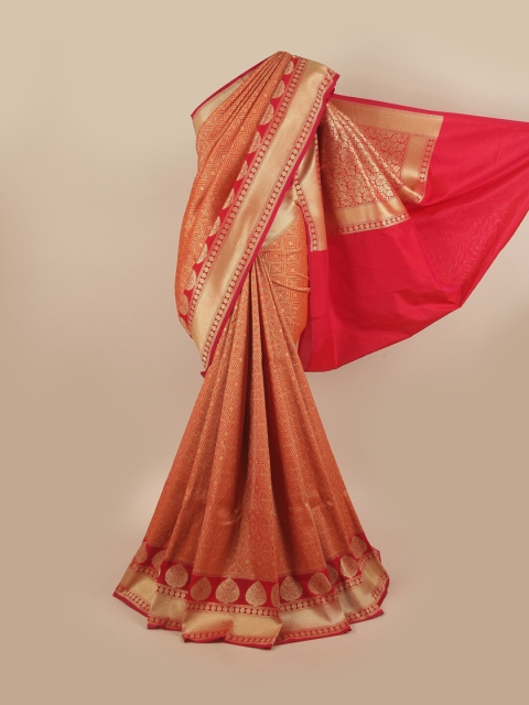 

Pothys Orange & Gold-Toned Ethnic Motifs Pure Silk Banarasi Saree