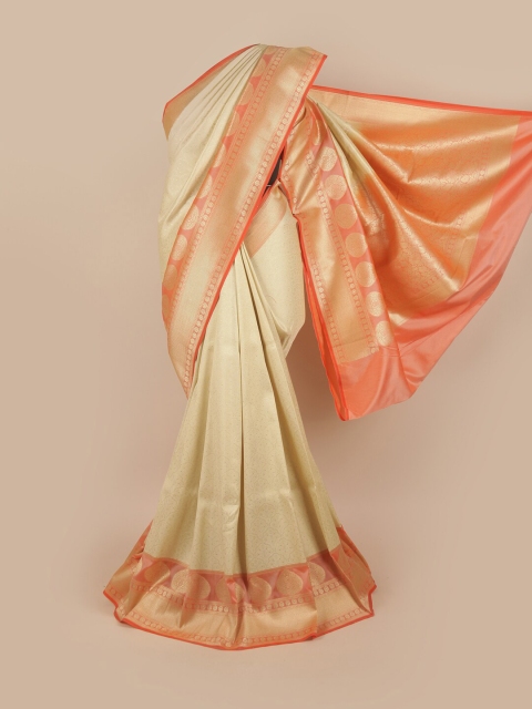 

Pothys Cream-Coloured & Peach-Coloured Ethnic Motifs Pure Silk Banarasi Saree