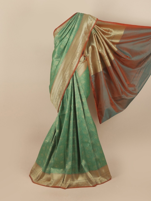 

Pothys Green & Gold-Toned Ethnic Motifs Pure Silk Banarasi Saree