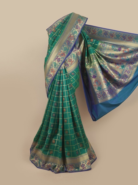 

Pothys Green & Gold-Toned Ethnic Motifs Pure Silk Banarasi Saree