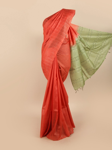 

Pothys Orange & Green Striped Pure Silk Tussar Saree