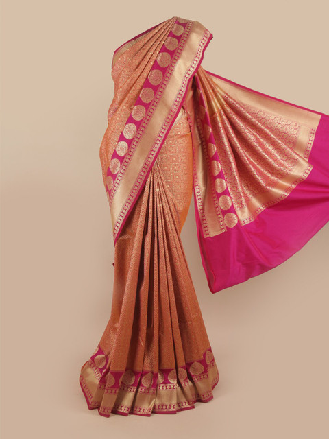 

Pothys Pink & Gold-Toned Ethnic Motifs Pure Silk Banarasi Saree