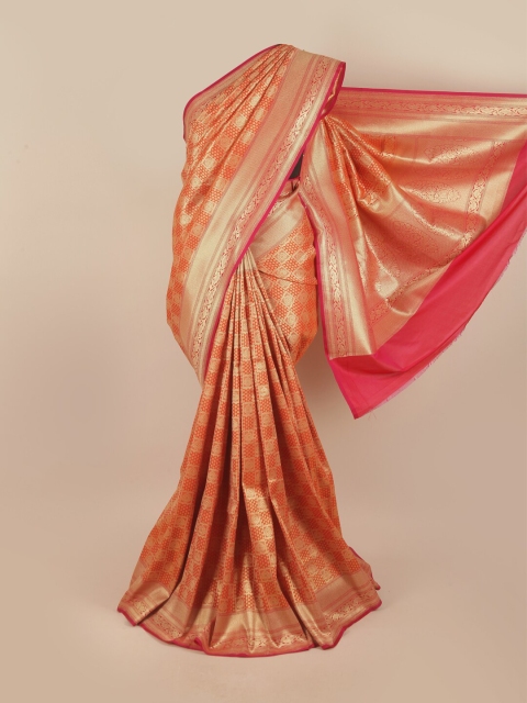 

Pothys Orange & Gold-Toned Ethnic Motifs Pure Silk Banarasi Saree