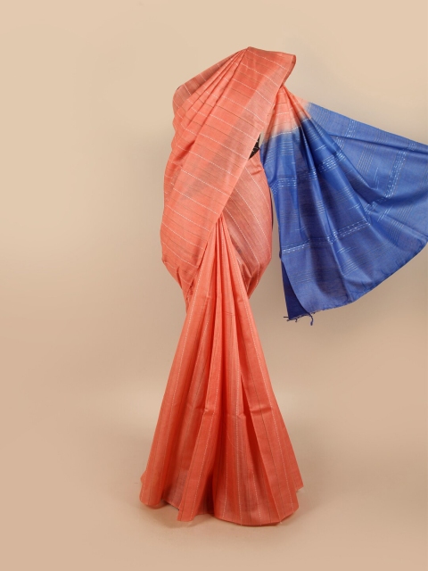 

Pothys Peach-Coloured & Blue Striped Pure Silk Tussar Saree