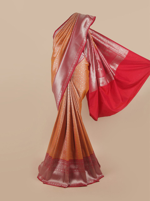 

Pothys Orange & Silver-Toned Ethnic Motifs Pure Silk Banarasi Saree