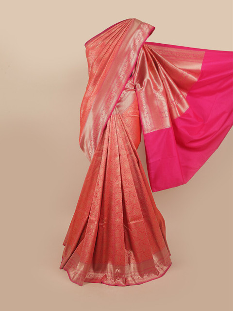 

Pothys Pink & Silver-Toned Ethnic Motifs Pure Silk Banarasi Saree